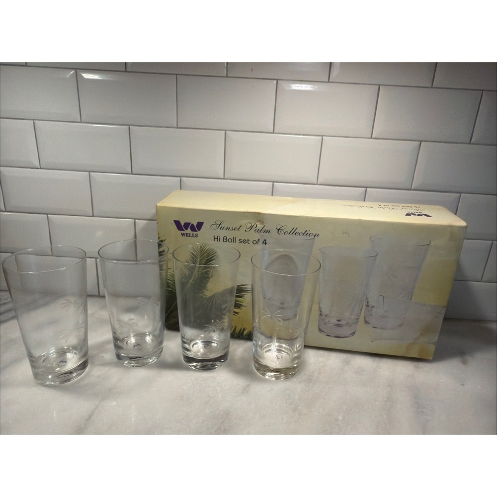 Vintage Set Of 4 Wells Hand Blown Etched Sunset Palm Collection HiBall Glasses
